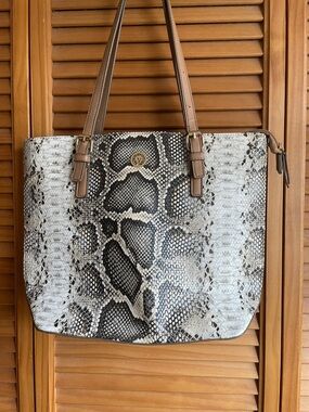 Anne Klein Black & White Snake-Print Tote with Tan Straps